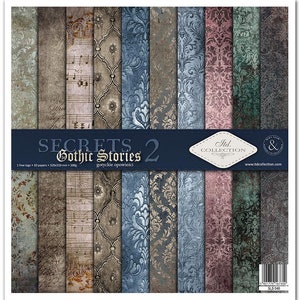 May include: A pack of 10 scrapbook paper sheets with a gothic theme. The paper features a variety of patterns, including floral, geometric, and musical notes. The paper is 320x310 mm and 200g. The pack includes 1 free tag. The text on the pack reads "Secrets Gothic Stories 2" and "gotyckie opowieści".