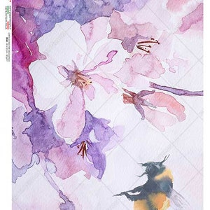 May include: Watercolor painting of pink and purple flowers with a bee in the bottom right corner.