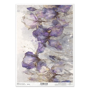 May include: A decorative paper sheet featuring a watercolor illustration of purple iris flowers. The flowers have delicate, detailed petals with gold accents, set against a soft, gray and white background. The paper has the text "RICE" and other details.