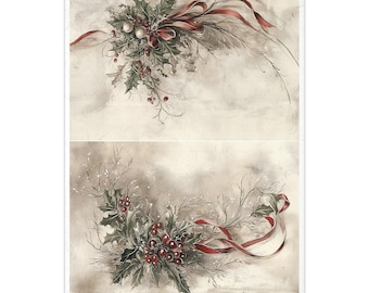 May include: Decorative paper with two Christmas-themed designs. Each design features holly leaves, red berries, and a red ribbon against a neutral background. The paper has a vintage, watercolor-like aesthetic, perfect for holiday crafts and decor.