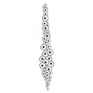 May include: A vertical black and white illustration of a cluster of stylized floral shapes. The design features a series of circular forms with detailed centers, arranged in a cascading pattern against a white background. The artwork has a minimalist aesthetic.
