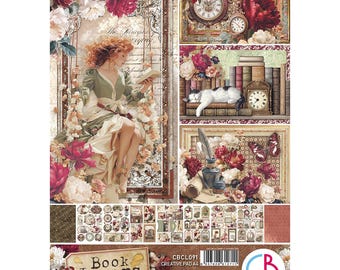 May include: A creative paper pad titled Book Lovers featuring A4 sheets with vintage-style illustrations of a person on a swing, floral arrangements, clocks, books, a cat, and butterflies. The set includes 17 design elements and 190 gsm paper.