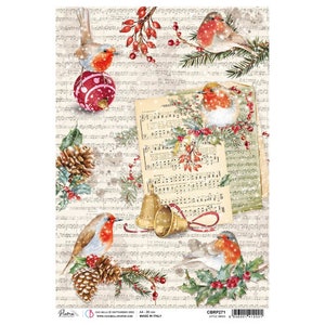 May include: A vintage-style Christmas paper featuring a white background with musical notes, red berries, pine branches, and four robins. The paper also includes a sheet of music, a red ornament, and gold bells.