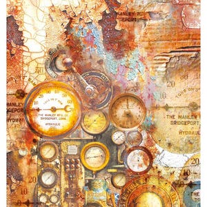 May include: A collage of vintage, rusty, industrial gauges and dials with a cracked, orange and brown background. The gauges are labeled with text such as "The Manley Mfg. Co. Bridgeport, Conn. Hydraulic" and "Tons on 5' Read".