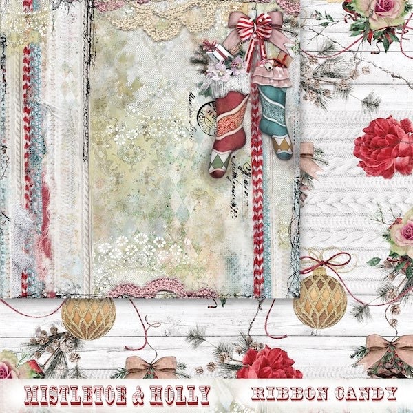 Blue Fern Studios | One (1) Sheet Ribbon Candy Mistletoe & Holly Paper Collection | 12"×12" Sheets | Acid Free Paper | Scrapbook Paper