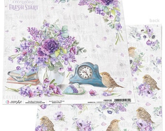 May include: A white background with a purple floral design and a blue clock with a sparrow perched on the edge. The text "everyday FRESH START" is at the top of the image.
