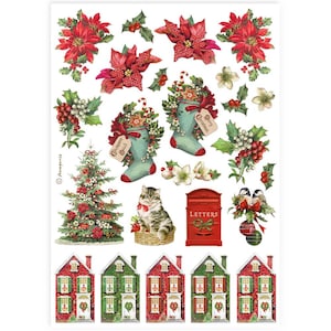 Stamperia Rice Paper | Classic Christmas Collection | Socks and Houses | A4 Rice Paper | Decoupage | 11.5 x 8.25 inches | DFSA4918