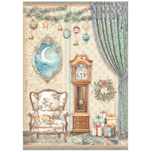 May include: A vintage-style illustration of a cozy living room decorated for Christmas. A plush armchair with a sleeping cat sits in front of a grandfather clock. The room is adorned with a garland of evergreen branches, ornaments, and stars. A wreath hangs on the wall, and presents are stacked on the floor. The scene evokes a sense of warmth and holiday cheer.