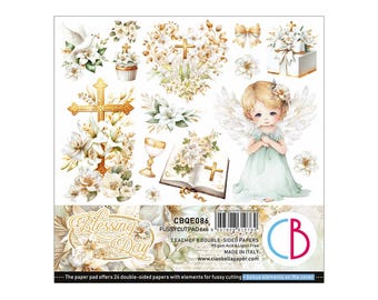 May include: A paper pad featuring religious-themed illustrations. The designs include crosses, flowers, an angel, and the words "Blessing Day." The pad contains 24 double-sided papers with elements for fussy cutting.