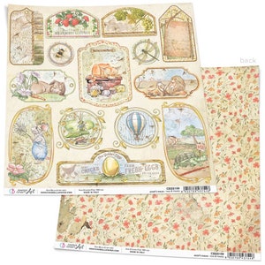 May include: A sheet of decorative paper with a vintage aesthetic featuring various illustrations of animals, plants, and objects. The paper has a distressed, aged look with a floral pattern on the back.