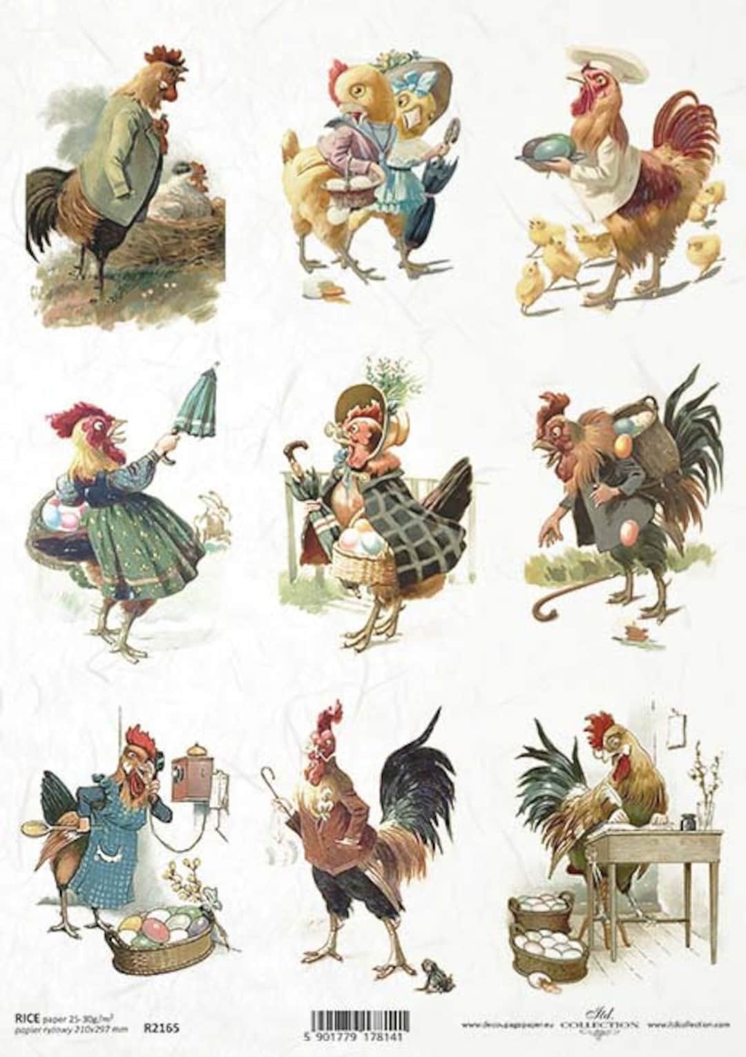 ITD Collection | Vintage Hens and Roosters Rice Paper | A4 Rice Paper ...