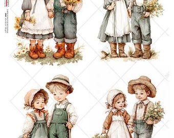 May include: Watercolor illustrations of children in vintage clothing. Each image features a boy and girl holding hands, wearing hats, overalls, and boots. Some hold flowers or a basket. The style is reminiscent of classic children's book illustrations.