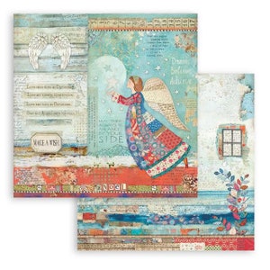 May include: A collage of two images with a whimsical, vintage aesthetic. The left image features a blue and white angel with wings, holding a star. The right image features a window with a blue and white background. The text "Dream Believe Achieve" is visible in the top right corner of the image. The text "May there always be an angel by your side" is visible in the center of the image. The text "Noel" is visible in the bottom left corner of the image.