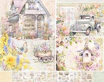 May include: A creative paper pad titled Flower Shop featuring A4 sheets with illustrations of a floral storefront, a vintage truck, a birdhouse, butterflies, and various garden flowers in soft pastel tones, including text labels and a barcode.