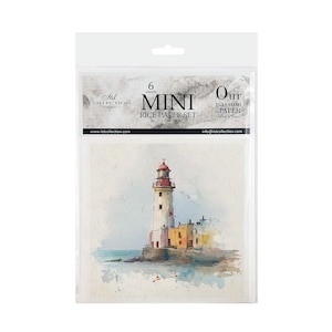 May include: A set of 6 mini rice paper sheets in a clear plastic package. The label reads 6 sheets MINI RICE PAPER SET and Our passion is PAPER. The paper features a watercolor illustration of a lighthouse on a rocky coast with blue water.