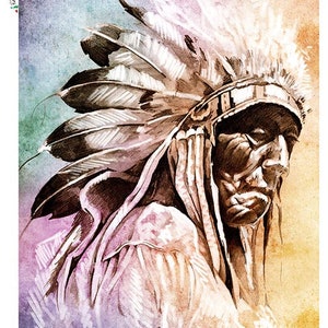 May include: A watercolor painting of a Native American man wearing a traditional headdress with feathers. The background is a colorful abstract design with shades of purple, blue, green, and yellow.