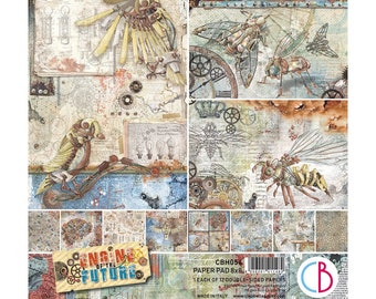 May include: A paper pad with 12 double-sided sheets featuring a steampunk theme. The paper pad is 8x8 inches and includes 23 different designs. The cover features a colorful illustration of a mechanical bird and the text "Engine of the Future".