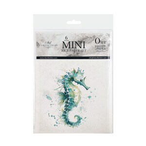 May include: A set of 6 mini rice paper sheets in a clear plastic package. The packaging features the text 6 sheets MINI RICE PAPER SET and Our passion is PAPER. The paper displays a watercolor illustration of a teal and blue seahorse.