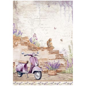 May include: A vintage lavender-colored scooter parked in front of a brick wall with a cat sitting on top of the wall. Lavender flowers are growing in a basket next to the scooter. The background is a faded, textured paper with handwritten text.