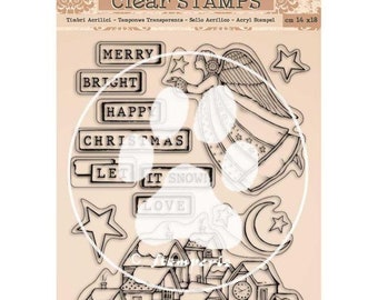 May include: Clear stamps with a Christmas theme. The stamps include an angel, stars, a crescent moon, a village scene, and words like "Merry", "Bright", "Happy", "Christmas", "Let It Snow", and "Love".