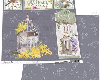 May include: A digital paper pack with a vintage farmhouse theme. The paper features a bird in a nest, a birdcage with yellow flowers, a lantern with purple flowers, and text that says "Begin each day with a grateful heart" and "Happiness is Homemade".
