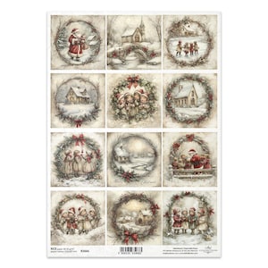 May include: A sheet of paper with twelve Christmas-themed illustrations. Each illustration is framed by a wreath and depicts scenes of Santa Claus, children, churches, and snowy landscapes. The color palette is muted with soft tones.