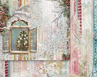 Blue Fern Studios | One (1) Sheet Tinsel Mistletoe & Holly Paper Collection | 12"×12" Sheets | Acid Free Paper | Scrapbook Paper