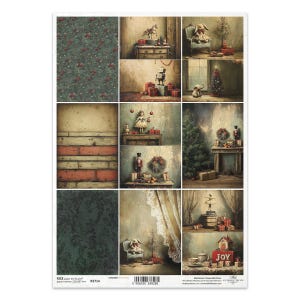 May include: A sheet of decorative paper featuring nine vintage-style Christmas-themed images. The images include a toy rocking horse, a nutcracker, a Christmas tree, and a doll. The paper has a floral and wood grain pattern.