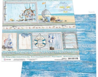 May include: Decorative paper sheets with a nautical theme. The front features beach scenes, seashells, and nautical elements like a ship's wheel and life preserver. The back has a blue wood grain pattern.