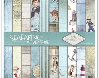 May include: A set of 30 patterned papers with a nautical theme. The papers feature images of lighthouses, anchors, seashells, and nautical maps. The papers are 320x310 mm and 200g.