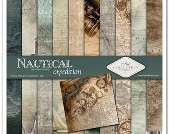 May include: A set of 10 nautical themed scrapbook papers featuring maps, compasses, anchors, and other nautical imagery. The papers are 320x310 mm and 200g. The papers are part of the Itd. Collection.
