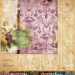 May include: A collage of vintage-style papers with floral and ornamental patterns in shades of purple, cream, and brown. The design includes text, stamps, and floral illustrations. The words "REFLECTIONS" and "ECLECTIC CHARM" are visible.