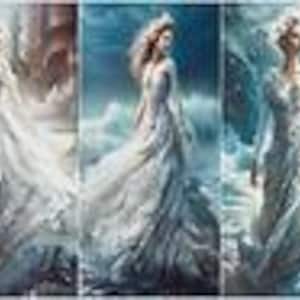 May include: A triptych of three vertical panels featuring a figure in a flowing white gown with long sleeves and a full skirt. The fabric appears layered and ethereal, with shades of blue and white swirling around the hem in each scene.