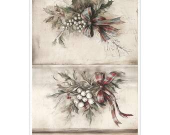 May include: Decorative paper featuring two arrangements of holly, berries, and plaid bows. The holly has green leaves and white berries. The bows are red, green, and blue plaid. The background is a light beige with a distressed look.