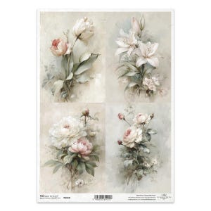 May include: A rectangular sheet of rice paper featuring four distinct floral illustrations in soft, muted tones. Each section displays botanical arrangements of lilies, peonies, and roses in shades of cream, pale pink, and sage green on a textured background.