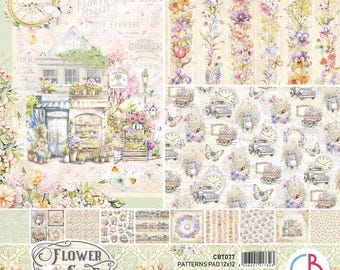 May include: A 12x12 inch paper pad titled Flower Shop featuring floral and vintage illustrations. The cover displays a flower shop building, clocks, butterflies, and trucks. The bottom includes a logo, barcode, and product details.