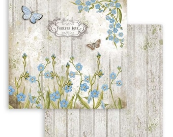 May include: A digital paper pack with two designs. The first design features a white background with blue forget-me-not flowers and a butterfly. The second design features a white woodgrain background. The text "Forever Love" is featured on the first design.