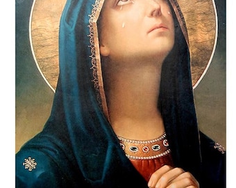 May include: A painting of a woman with a blue veil and a gold halo. She is crying and has her hands clasped together in prayer.