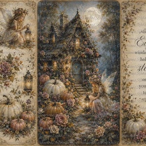 May include: A decorative panel featuring a fantasy cottage scene with fairies, pumpkins, and lanterns. The text reads: Every winding path holds a story only you can tell. The artwork includes floral borders, a full moon, and muted earth tones.