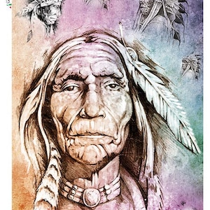 May include: A black and white drawing of a Native American man with a feathered headdress. The drawing is on a watercolor background with shades of pink, purple, blue, and orange.