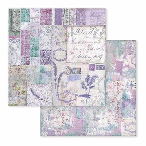 May include: A collage of patterned paper sheets in shades of purple, teal, and white. The designs include floral patterns, vintage script, postage stamps, and lavender illustrations. The text "Seed from" is visible on one sheet.