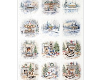 May include: A sheet of paper with watercolor illustrations of winter scenes. The top row features carousels in snowy landscapes. The bottom row shows rocking horses near decorated fireplaces and Christmas trees. The paper has a textured, off-white background.