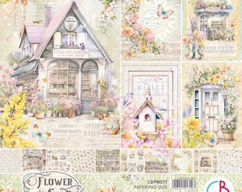 May include: A paper pad with 23 different designs featuring a flower shop with a birdhouse, flowers, and a clock. The paper pad is 12 inches by 12 inches and is acid-free. The paper pad is made in Italy.