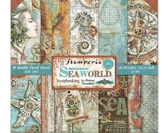 May include: A pack of 10 double-sided scrapbooking papers featuring a steampunk sea world theme. The papers are acid-free and measure 12x12 inches. The papers feature a variety of designs, including a compass, a seahorse, a diving helmet, and a starfish.