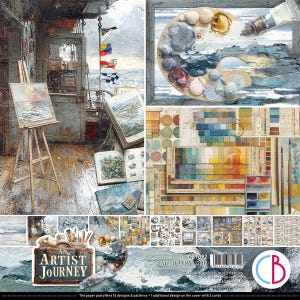 May include: An artistic collage featuring an artist's studio with an easel, paintings, and books. A palette with paint and a tube of paint are in the upper right. The words "AN ARTIST JOURNEY" are on a suitcase. A paper pad with patterns is also included.