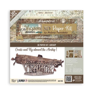 May include: A 3D paper kit to build an airship. The kit includes a detailed illustration of the airship, along with instructions and materials. The kit is titled "Sir Vagabond Aviator 3D Paper Kit" by Antonis Tzanidakis.
