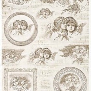 May include: A vintage-style digital paper sheet with a repeating pattern of angels with wings. The angels are drawn in a sepia tone and are surrounded by musical notes and floral designs.