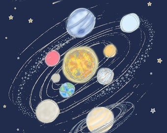 Celestial Art Print | Solar System | Stars | Planets | Sun | Comet | Unframed A4 A3 A2 | Space Illustration | Kids Wall Art | Home Decor