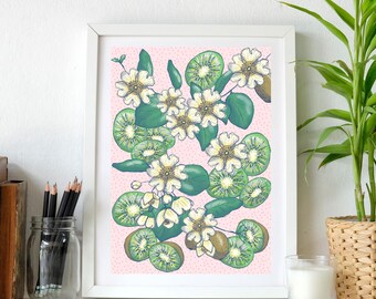 Kiwi Fruit and Blossom Art Print: Botanical Giclée Illustration