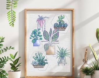 Houseplant Art Print: Hand-Drawn Cacti, Succulents, Prayer Plant